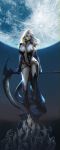  1girl absurdres belt body_offscreen boots contrapposto hands high_heel_boots high_heels highres in_ho_choi lips lipstick long_hair looking_at_viewer makeup moon navel night pale_skin scythe thigh-highs thigh_boots weapon white_hair 