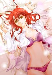  1girl bra ice_(lily_love) jewelry lily_love lying navel necklace no_pants on_back open_clothes open_shirt panties pillow pillow_grab ratana_satis redhead shirt solo underwear yellow_eyes 