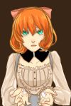  1girl bow brown_background damaged dress green_eyes open_mouth orange_hair penny_polendina rwby simple_background solo 