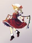  1girl ascot asymmetrical_wings blonde_hair bow dress flandre_scarlet full_body hair_between_eyes hair_bow hair_ribbon hat highres looking_at_viewer mary_janes mob_cap puffy_short_sleeves puffy_sleeves red_dress red_eyes ribbon shirt shoes short_sleeves side_ponytail skirt_hold smile solo touhou white_shirt wings 