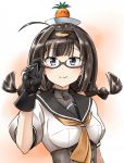  1girl adjusting_glasses ahoge akizuki_(kantai_collection) akizuki_ritsuko alternate_hairstyle antenna_hair bespectacled black_gloves black_hair blue_eyes blush braid breasts commentary_request corset food fruit glasses gloves hachimaki hair_ornament hairband headband idolmaster kamelie kantai_collection long_hair look-alike looking_at_viewer neckerchief object_on_head pineapple school_uniform semi-rimless_glasses serafuku short_sleeves smile solo twin_braids twintails under-rim_glasses upper_body 