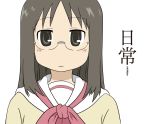  1girl anime_coloring black_hair copyright_name dominico glasses long_hair minakami_mai nichijou official_style school_uniform simple_background solo 