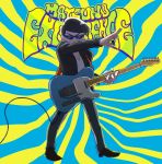  1boy backlighting black_hair character_name denim electric_guitar english guitar instrument jeans kanzaki_(kusomiso) leather_jacket male_focus matsuno_karamatsu osomatsu-kun osomatsu-san pants plectrum pose solo sunburst sunglasses v-neck 