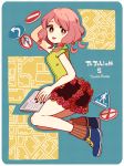  1girl brown_eyes character_name copyright_name flower_skirt from_side hand_behind_head hi73 hirose_yasuho jojo_no_kimyou_na_bouken jojolion looking_at_viewer map multiple_tails pink_hair road_sign shoes sign skirt sneakers socks solo tail tongue tongue_out 