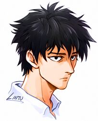  1boy alternate_hairstyle artist_name black_eyes black_hair collared_shirt lintufriikki male_focus neck onepunch_man portrait saitama_(onepunch_man) shirt signature solo 