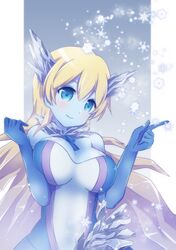  1girl blonde_hair blue_eyes blue_gloves blue_skin breasts elbow_gloves gloves ice jack_frost long_hair momi_(momishidaku) monster_girl monster_musume_no_iru_nichijou monster_musume_no_iru_nichijou_online pointing rosty_(monster_musume) smile snowflakes solo upper_body very_long_hair 