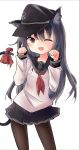  1girl akatsuki_(kantai_collection) anchor_symbol animal_ears cat_ears cat_tail flat_cap hands_raised hat kantai_collection kemonomimi_mode long_hair looking_at_viewer neckerchief one_eye_closed open_mouth pantyhose purple_hair re_rally ribbon school_uniform serafuku skirt solo tail violet_eyes white_background 