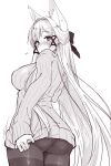  1girl ass back black_legwear blush breasts clothes_tug covered_nipples long_hair looking_at_viewer looking_back monochrome original pantyhose ryuusei_(ryuuseiseikou) simple_background solo sweatdrop sweater sweater_tug thighband_pantyhose very_long_hair white_background 