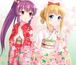  2girls blonde_hair blue_eyes blush bow faubynet grin hair_bow hair_ornament hair_up hand_on_hip highres japanese_clothes kimono long_hair looking_at_another looking_at_viewer multiple_girls pointing pointing_at_self ponytail purple_hair red_eyes short_hair smile sugiura_ayano toshinou_kyouko yuru_yuri 