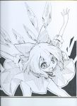  bangs bare_legs bent_over bow cirno dress futa4192 hair_between_eyes hair_bow highres ice ice_wings looking_at_viewer open_mouth outstretched_arms ribbon short_hair short_sleeves sketch smile touhou traditional_media wings 