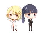  2girls adjusting_necktie ali_manami bangs black_legwear blonde_hair blue_hair blunt_bangs blush business_suit chibi formal holding_cigarette karanomori_shion kunizuka_yayoi labcoat lipstick long_hair makeup multiple_girls pantyhose ponytail psycho-pass red_clothes red_shoes shoes skirt_suit suit swept_bangs white_background white_coat 