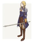  1girl agrias_oaks armor blonde_hair boots braid corset elbow_pads final_fantasy final_fantasy_tactics gloves knight long_hair pauldrons single_braid small_breasts solo sword toremoro weapon 