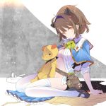  1girl bag bangs belt_pouch black_shoes blush bottomless breasts brown_hair capelet cleavage frills full_body granblue_fantasy groin hair_ornament hairband horns looking_at_viewer mary_janes no_bra open_clothes open_shirt orange_eyes shirt shoes short_hair sitting smile solo stuffed_animal stuffed_toy tajima_ryoushi teddy_bear thigh-highs wariza white_legwear yaia_(granblue_fantasy) 