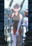  1girl absurdres balcony blue_eyes book building cyborg fingerless_gloves glasses gloves headset highres holding holding_book lavender_hair mechanical_hand mismatched_gloves mismatched_legwear original purple-framed_glasses robot_ears science_fiction solo tsuchiyama 