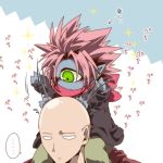  ... 0nodera 2boys annoyed bald blank_eyes blue_skin blush carrying_over_shoulder child coat cyclops directional_arrow green_eyes long_sleeves lord_boros male_focus motion_lines multiple_boys one-eyed onepunch_man pants pink_scarf pointy_ears saitama_(onepunch_man) scarf sitting_on_shoulder sparkle speech_bubble spiky_hair spoken_ellipsis younger 