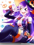  1girl ;d artist_name black_sclera boots breasts cleavage detached_sleeves dragonith fang hat highres jack-o&#039;-lantern long_hair miniskirt monster_musume_no_iru_nichijou monster_musume_no_iru_nichijou_online one_eye_closed open_mouth pointy_ears purple_hair ran_(monster_musume) sidelocks skirt smile solo star star-shaped_pupils symbol-shaped_pupils thigh-highs thigh_boots transparent v very_long_hair watermark web_address witch_hat yellow_eyes 