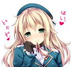  1girl atago_(kantai_collection) beret black_gloves blonde_hair blush breasts gloves green_eyes hat kantai_collection long_hair looking_at_viewer military military_uniform nironiro pocky simple_background smile solo uniform upper_body white_background 