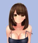  1girl bare_shoulders breasts brown_hair collarbone colored_eyelashes expressionless highres large_breasts light_brown_eyes looking_at_viewer original shirt short_hair simple_background solo strap_slip upper_body white_shirt yoiro 