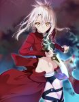  1girl archer archer_(cosplay) fate/kaleid_liner_prisma_illya fate_(series) illyasviel_von_einzbern kanshou_&amp;_bakuya long_hair midriff navel short_shorts shorts solo tsuedzu waist_cape white_hair yellow_eyes 