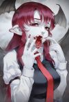  1girl artist_name bangs bat_wings black_vest black_wings breath dress_shirt eyelashes fangs finger_to_mouth grey_skin head_tilt head_wings highres juliet_sleeves koakuma long_hair long_sleeves looking_at_viewer nail_polish necktie open_mouth pointy_ears puffy_sleeves red_eyes red_nails red_necktie redhead ringed_eyes saliva shirt signature sleeves_folded_up solo teeth tongue tongue_out touhou upper_body vest white_shirt wings wy_lee_(pixelnoodle) 