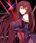  1girl between_breasts bodysuit breasts cleavage fate/grand_order fate_(series) highres large_breasts long_hair looking_at_viewer parted_lips polearm red_eyes redhead sanae_(satansanae) scathach_(fate/grand_order) solo spear very_long_hair weapon 