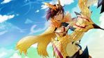  1girl armor bow_(weapon) brown_hair clouds gloves monster_hunter seregios short_hair sky solo weapon wings yellow_eyes yurax-mae 