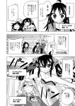  3girls ahoge bare_shoulders blush character_name comic dress emphasis_lines formal glasses gloves hair_ribbon highres hikawa_shou long_hair matoba_risa monochrome multiple_girls nanjou_hikaru one_eye_closed ribbon short_hair speech_bubble strapless_dress suit translation_request twintails umeki_otoha 