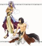  1boy 1girl animal_ears black_eyes black_hair blue_eyes breasts cleavage crossed_arms eyepatch fire_emblem fire_emblem:_akatsuki_no_megami long_hair mokoko_(m753) nailah pants silver_hair smile tail tattoo topless volug wolf_ears wolf_tail 