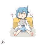  1girl =_= barefoot blue_hair collared_shirt commentary_request cushion labcoat personification shirt signature sitting skirt sleeping solo spread_legs tsukigi twitter 