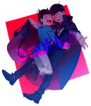  2boys bangoul cape dual_persona english evil_smile fangs formal male_focus matsuno_osomatsu multiple_boys osomatsu-kun osomatsu-san outside_border red_eyes smile suit vampire_costume 