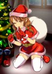  absurdres brown_hair christmas_tree girlfriend_(kari) highres looking_at_viewer one_eye_closed santa_costume tagme thigh-highs 
