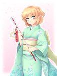  1girl arrok arrow blonde_hair charm floral_print gomi_(gomitin) green_eyes japanese_clothes kimono long_sleeves looking_at_viewer mizuhashi_parsee obi pointy_ears sash smile solo textless touhou wide_sleeves 