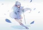  1girl boots clockwork-cadaver dress grey_eyes jewelry looking_at_viewer nail_polish necklace ponytail rapier rwby short_dress silver_hair solo sword weapon weiss_schnee white_dress 