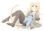  1girl animal_ears black_eyes blonde_hair cat_ears cat_tail dress eating food highres ice_cream jacket long_hair mouth_hold original pantyhose simple_background smile solo striped striped_dress tail white_background 