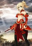  1girl blonde_hair detached_sleeves fate/grand_order fate_(series) green_eyes holding_sword holding_weapon long_hair navel saber_of_red smile solo sword waifu2x weapon 