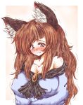  1girl animal_ears bare_shoulders blush breasts brooch brown_hair cleavage collarbone covered_nipples dress fang faux_traditional_media highres imaizumi_kagerou jewelry large_breasts long_hair long_sleeves pink_background red_eyes simple_background solo tareme tears touhou trembling upper_body wavy_mouth wolf_ears ziogon 