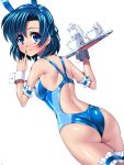  1girl animal_ears arm_garter ass back bare_shoulders bishoujo_senshi_sailor_moon blue_eyes blue_hair blue_swimsuit breasts bunny_girl competition_swimsuit cup detached_collar earrings fake_animal_ears finger_to_face hair_ribbon jewelry leg_garter looking_back mizuno_ami nail_polish one-piece_swimsuit rabbit_ears ribbon sen_(sansui) shiny shiny_clothes shiny_hair shiny_skin short_hair solo swimsuit teacup tray wrist_cuffs 