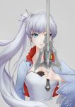  1girl artist_request breasts cleavage collarbone earrings highres jewelry parted_lips ponytail rwby simple_background solo sword weapon weiss_schnee 