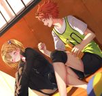  1boy 1girl black_clothes blonde_hair blush bottle can clenched_hand closed_eyes dutch_angle haikyuu!! highres hinata_shouyou jacket jersey knee_pads open_mouth orange_hair short_hair shorts side_ponytail sitting smile sportswear swordsouls track_jacket track_suit volleyball water_bottle yachi_hitoka 