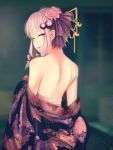 1girl at2. back blush from_behind hair_ornament highres japanese_clothes kimono long_hair looking_at_viewer looking_back off_shoulder oiran open_mouth purple_hair solo twintails undressing violet_eyes vocaloid voiceroid yuzuki_yukari 