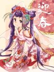  1girl detached_sleeves floral_print hair_ornament japanese_clothes kimono looking_at_viewer original purple_hair sitting smile solo thomasz twintails violet_eyes 