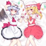  2girls ascot bat_wings blonde_hair blue_hair blush fang flandre_scarlet hat hat_ribbon highres holding long_hair lying mob_cap multiple_girls on_back open_mouth papo puffy_short_sleeves puffy_sleeves red_eyes remilia_scarlet ribbon short_hair short_sleeves siblings side_ponytail sisters skirt touhou wings wrist_cuffs 