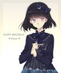  1girl bishoujo_senshi_sailor_moon black_bow black_hair black_shirt blouse bow character_name cowboy_shot hair_bow hairband happy_birthday looking_at_viewer saki_(hxaxcxk) shirt short_hair skirt smile solo tomoe_hotaru violet_eyes 