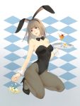  1girl animal_ears bowtie bunny_tail bunnysuit detached_collar eriya-j flower glass goblet grey_eyes kneeling original pantyhose rabbit_ears short_hair tail tray wrist_cuffs 