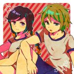  1boy 1girl black_hair blonde_hair braid dangan_ronpa dangan_ronpa_1 fukawa_touko green_eyes hi73 outline shirt shorts sitting star striped striped_background t-shirt togami_byakuya twin_braids violet_eyes 