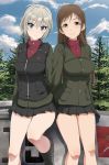  2girls anastasia_(idolmaster) blue_eyes breasts brown_eyes brown_hair girls_und_panzer idolmaster idolmaster_cinderella_girls inoshira katyusha katyusha_(cosplay) legs long_hair looking_at_viewer military military_uniform multiple_girls nitta_minami nonna nonna_(cosplay) seiyuu_connection short_hair silver_hair smile thighs uesaka_sumire uniform 