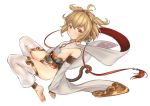  1girl ahoge anchira_(granblue_fantasy) bare_shoulders barefoot blonde_hair breasts colored_eyelashes detached_pants detached_sleeves granblue_fantasy hairband looking_at_viewer monkey_ears monkey_tail pants piano-alice red_eyes short_hair sideboob sitting small_breasts solo tareme thigh-highs white_pants 