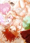  1girl bra breasts brown_eyes brown_hair cellphone cleavage donut_(lily_love) heart heart_pillow lily_love looking_at_viewer lying navel on_back open_mouth panties phone pillow ratana_satis smartphone solo stuffed_animal stuffed_bunny stuffed_toy underwear upside-down white_bra white_panties 