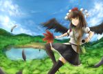  1girl ;) bag belt bird_wings black_hair black_legwear blue_sky camera clouds feather_fan feathers fen_zuo flying folded_leg forest geta hat lake looking_to_the_side nature one_eye_closed outdoors outstretched_arm over-kneehighs puffy_short_sleeves puffy_sleeves satchel shameimaru_aya short_hair short_sleeves skirt sky smile solo tengu-geta thigh-highs tokin_hat touhou wings 