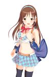  1girl artist_request blush breasts brown_eyes brown_hair headset highres idolmaster idolmaster_cinderella_girls long_hair looking_at_viewer navel nitta_minami open_mouth simple_background smile solo thigh-highs 